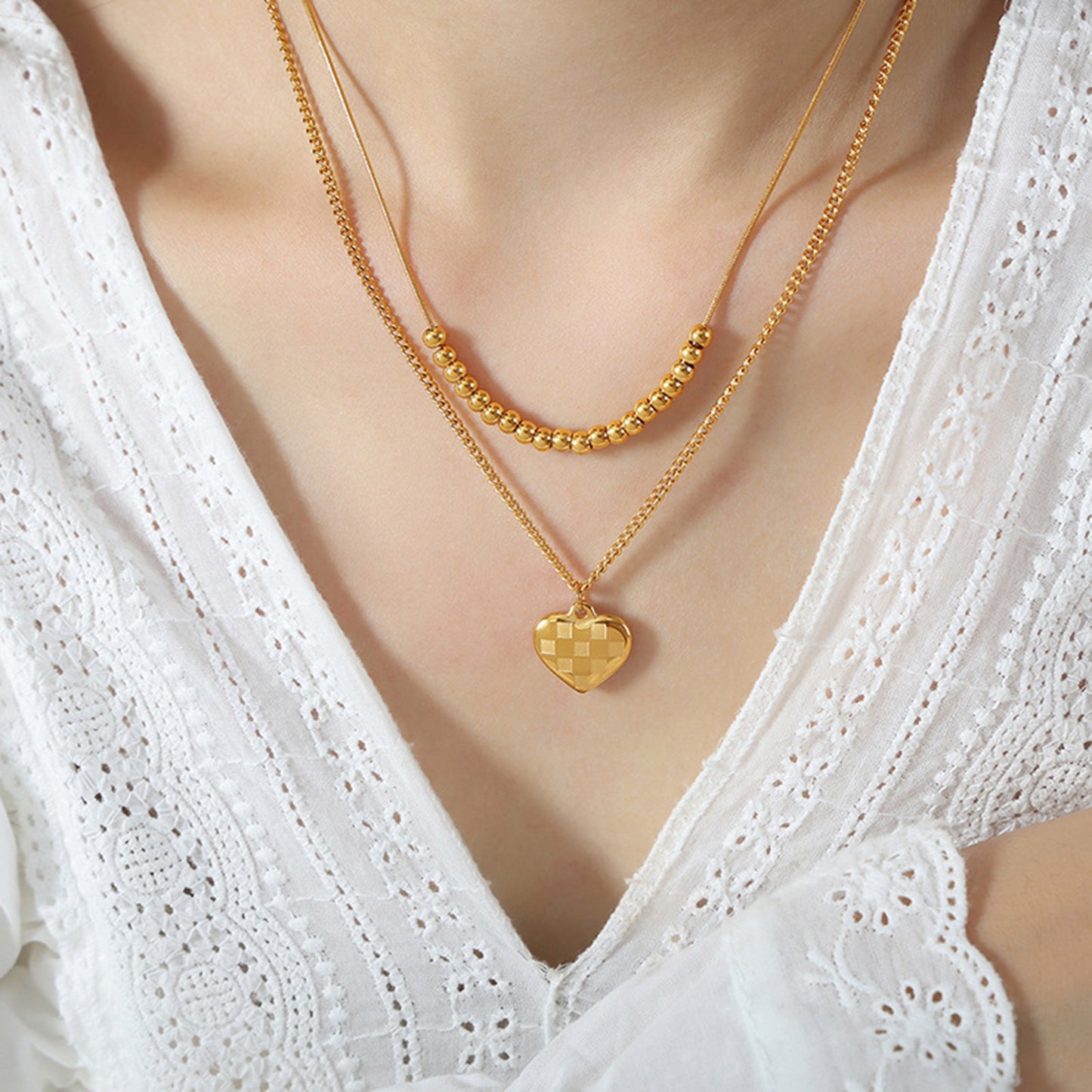 Heart Pendant Double-Lrayed Necklace Jewelry Gold One Size