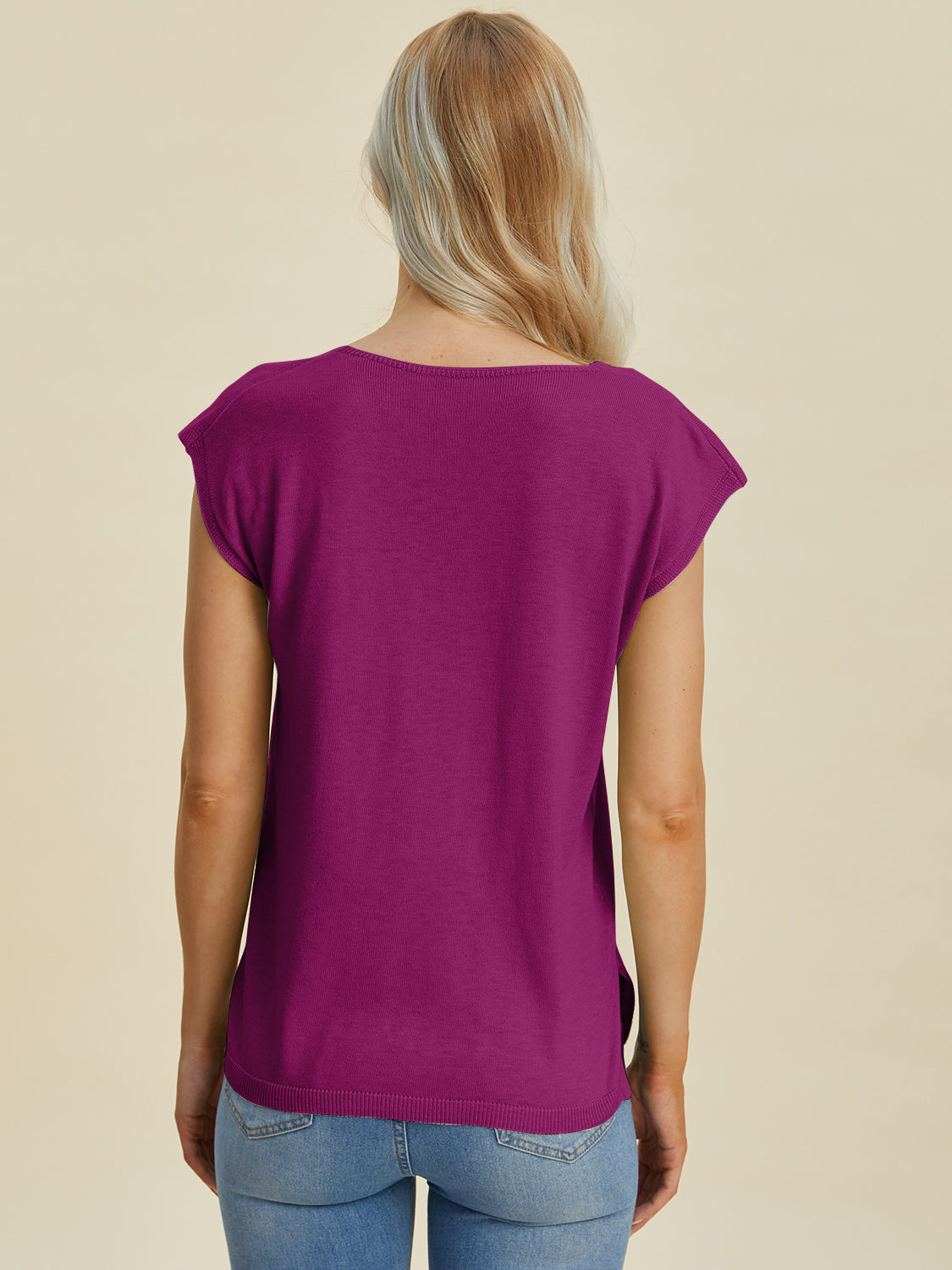 Double Take Full Size Notched Cap Sleeve Knit Top Top
