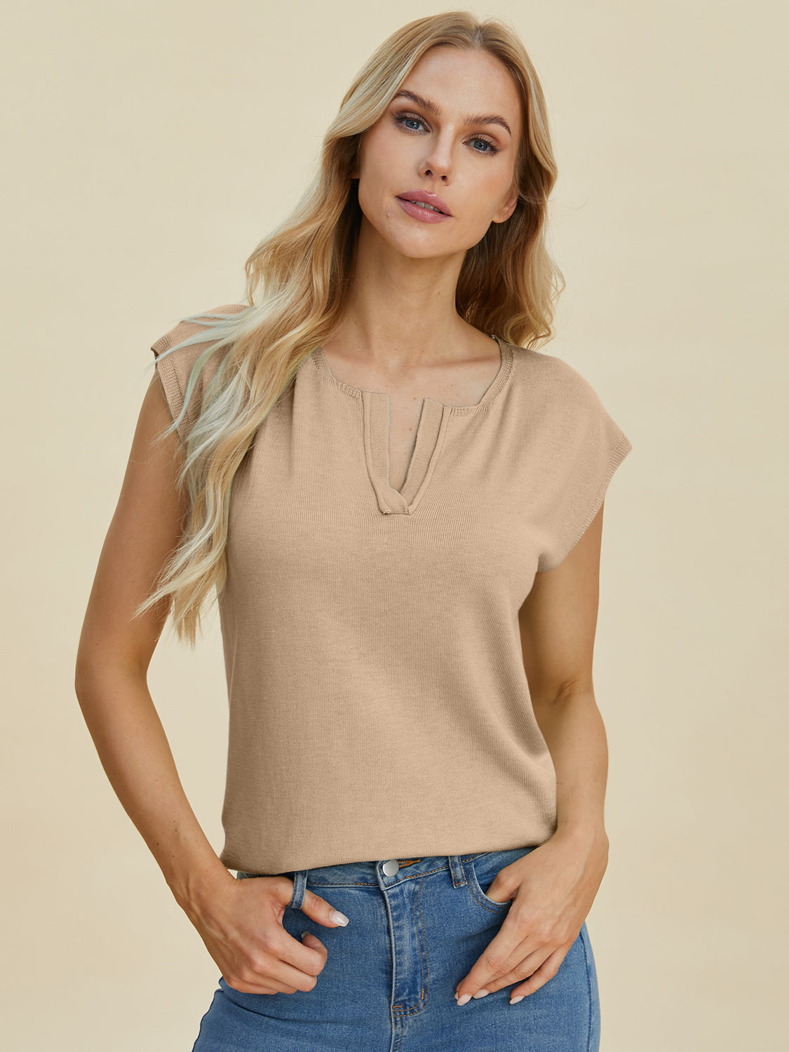 Double Take Full Size Notched Cap Sleeve Knit Top Top