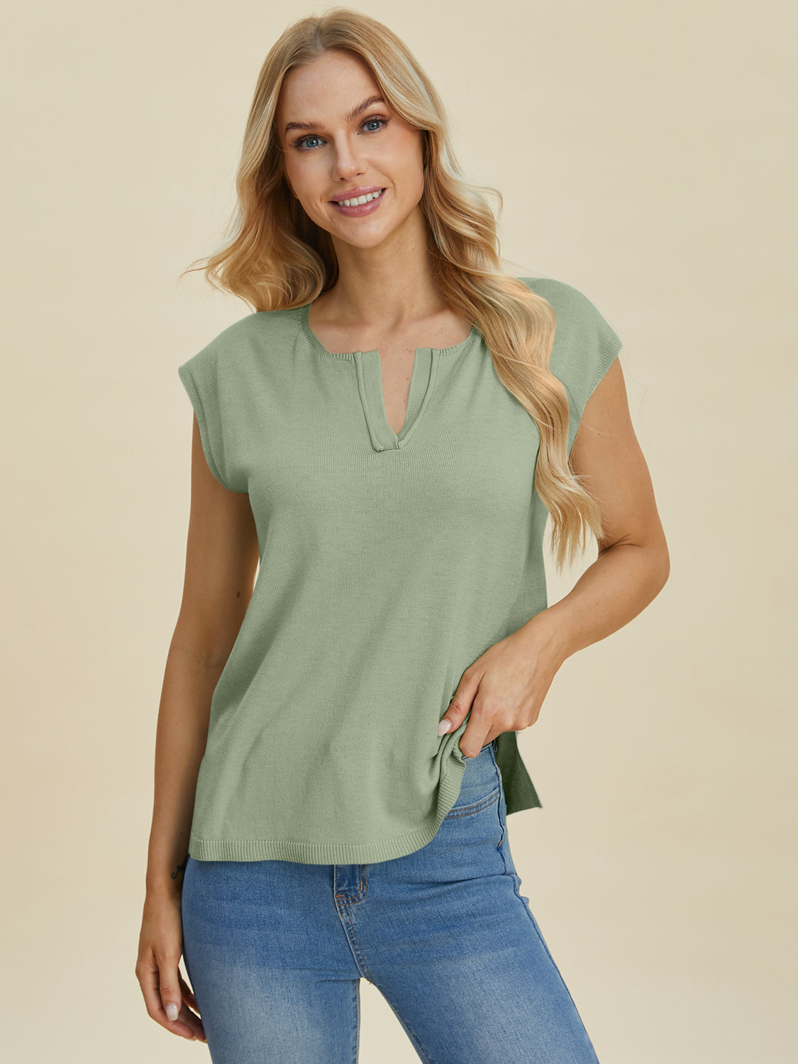 Double Take Full Size Notched Cap Sleeve Knit Top Top