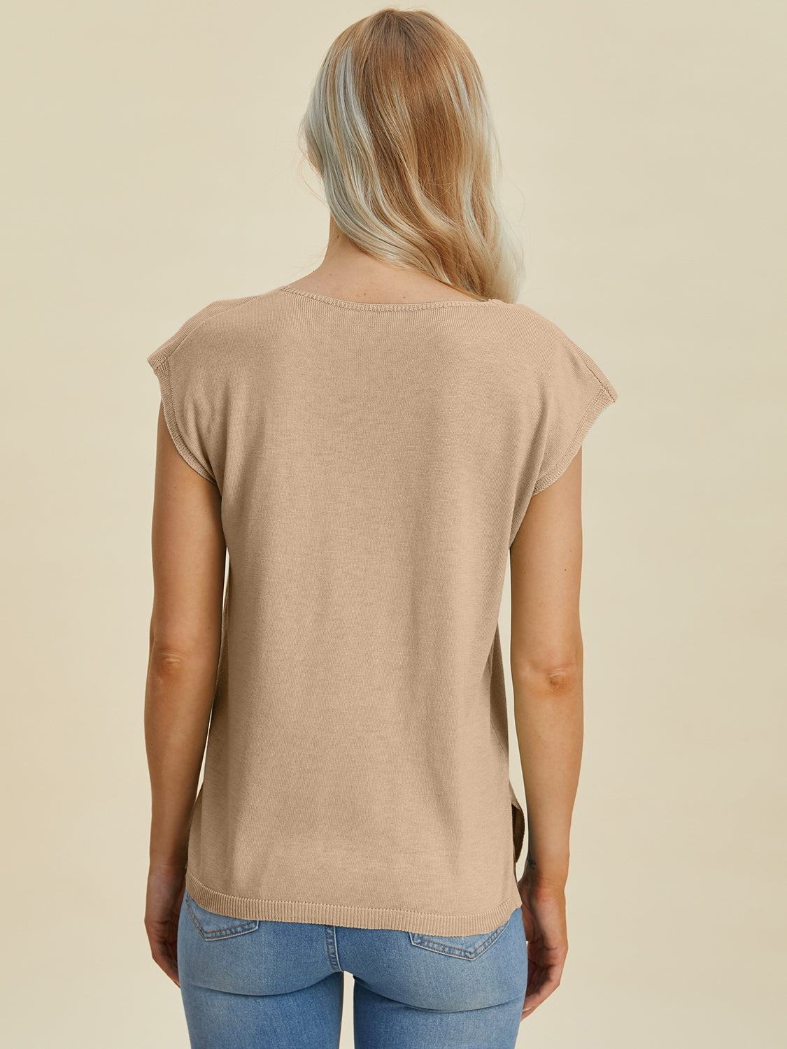 Double Take Full Size Notched Cap Sleeve Knit Top Top