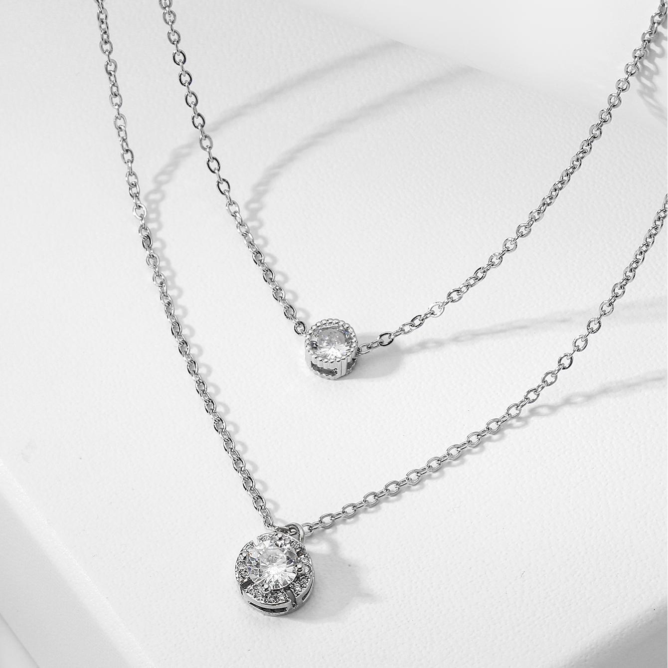 Sparkling 3D Zircon Pendant Necklace – Elegant Double-Layer Collarbone Chain for Women Jewelry Silver