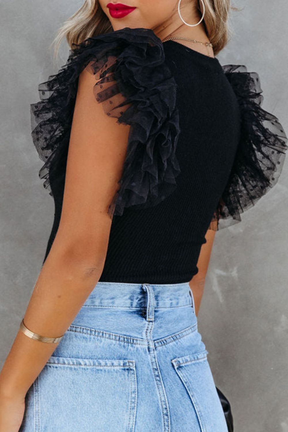 Ruffled Round Neck Cap Sleeve Blouse Blouse