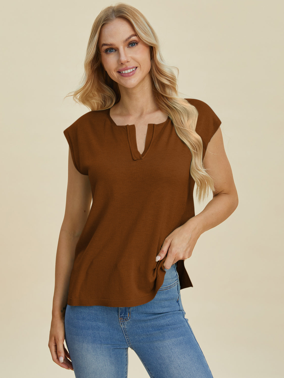 Double Take Full Size Notched Cap Sleeve Knit Top Top