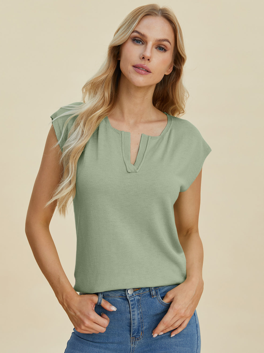 Double Take Full Size Notched Cap Sleeve Knit Top Top Sage 2XL