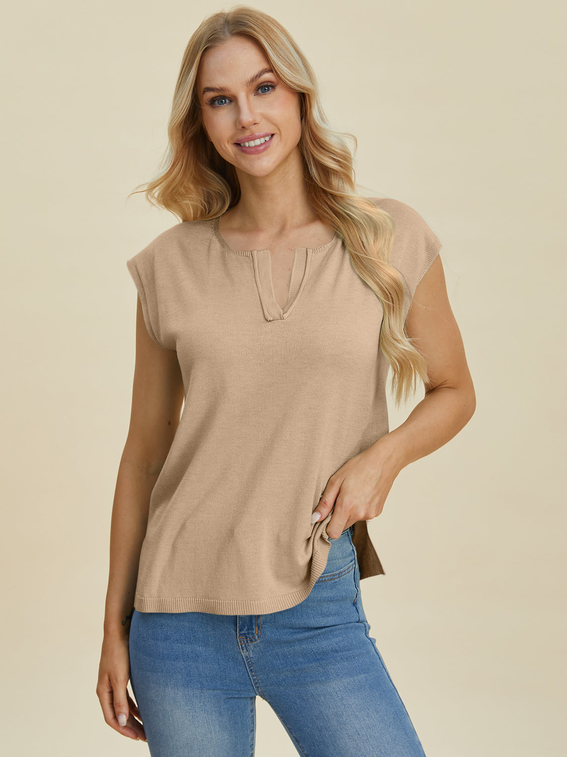 Double Take Full Size Notched Cap Sleeve Knit Top Top