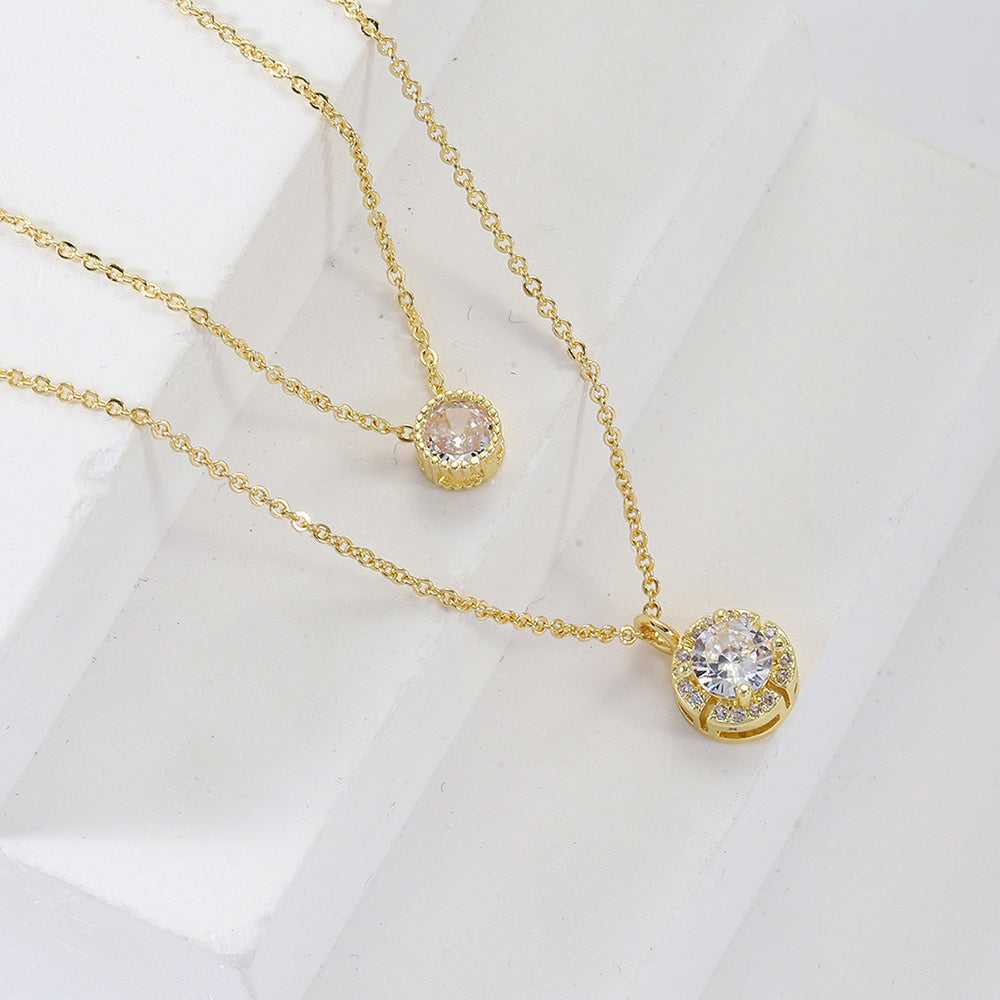 Sparkling 3D Zircon Pendant Necklace – Elegant Double-Layer Collarbone Chain for Women Jewelry Gold