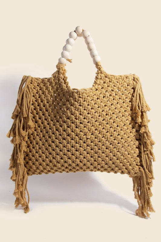 Fame Wooden Beaded Handle Braided Tote Bag – Large & Stylish Tote Bag Mustard One Size