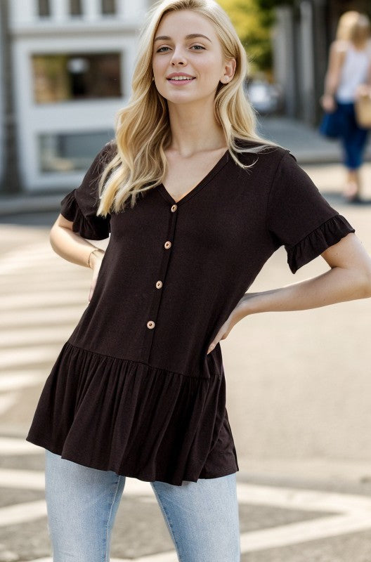 Heimish Plus Size Ruffled V-Neck Short Sleeve Blouse – Chic & Comfortable Blouse Black