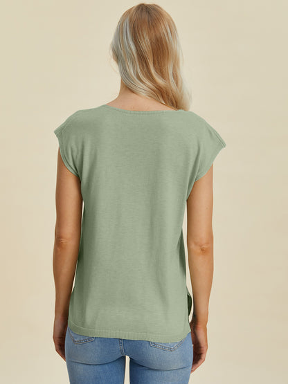 Full Size Notched Cap Sleeve Knit Top