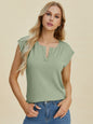 Double Take Full Size Notched Cap Sleeve Knit Top Top Sage 2XL