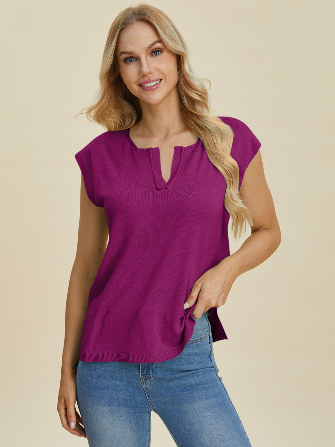 Full Size Notched Cap Sleeve Knit Top