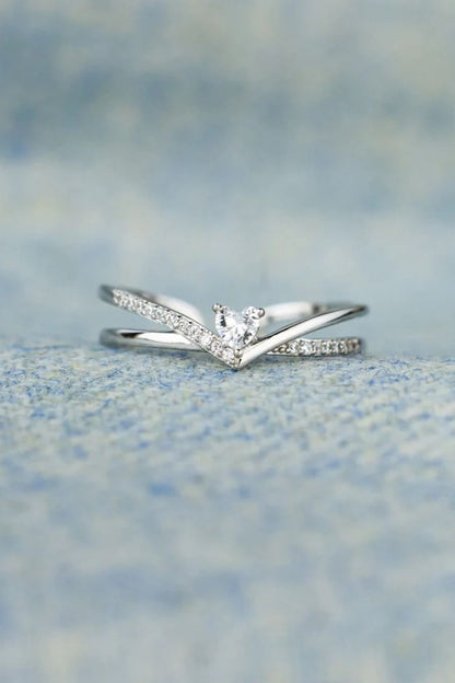 925 Sterling Silver Heart Open Ring with Inlaid Zircon Ring