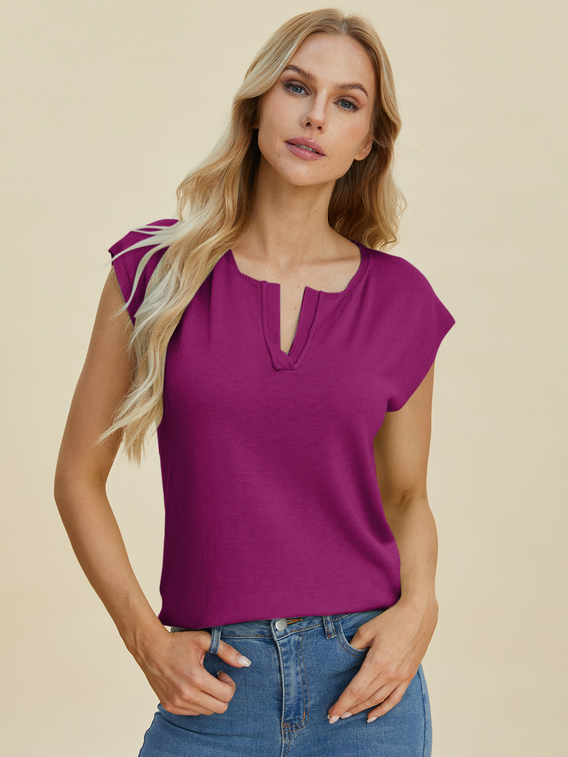 Double Take Full Size Notched Cap Sleeve Knit Top Top Deep Purple 3XL