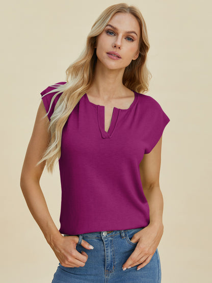Double Take Full Size Notched Cap Sleeve Knit Top Top Deep Purple 3XL