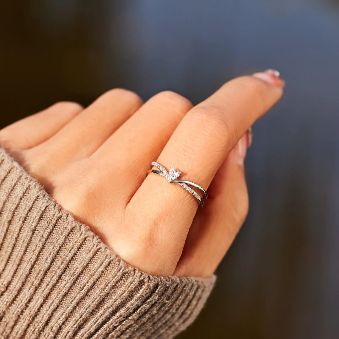 925 Sterling Silver Heart Open Ring with Inlaid Zircon Ring