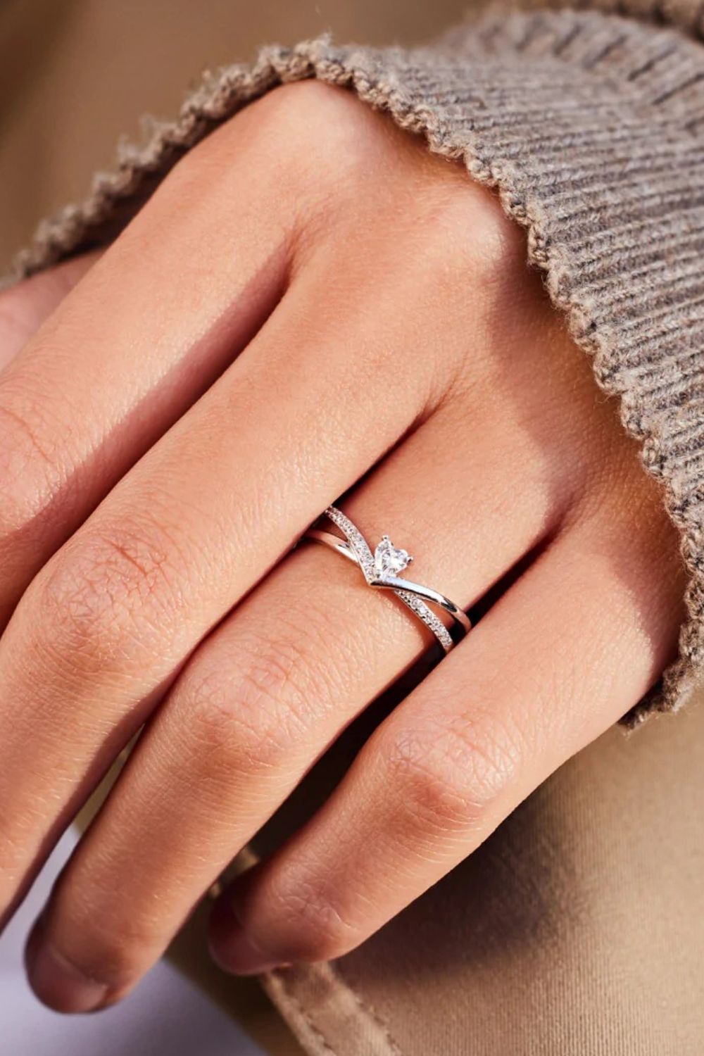 925 Sterling Silver Heart Open Ring with Inlaid Zircon Ring
